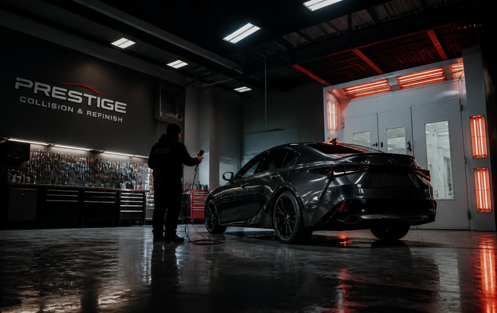 Technician detailing a freshly painted car inside Legion Auto Body's collision repair shop